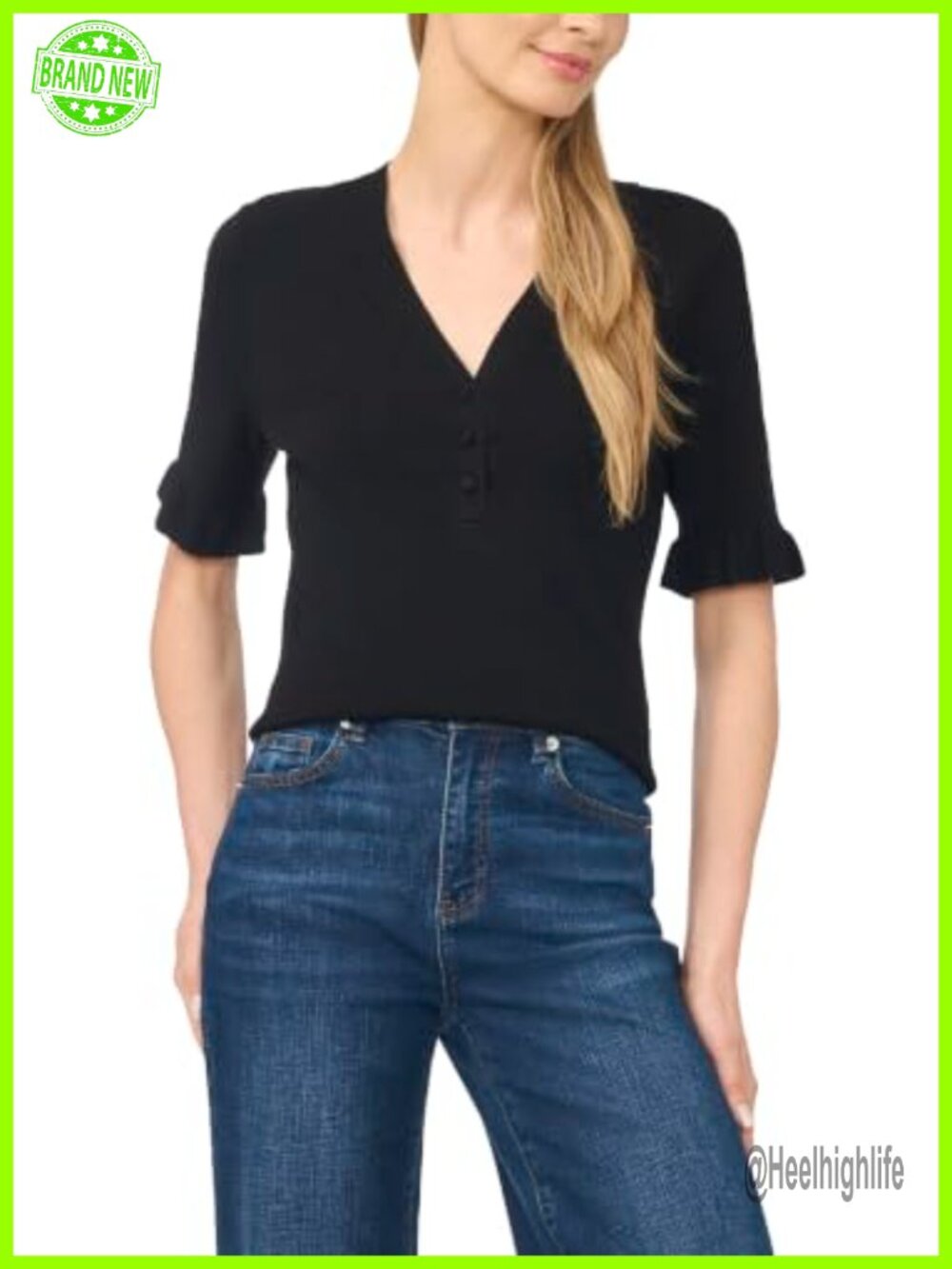 Ruffled V-Neck Elbow Sleeve Pullover Sweater